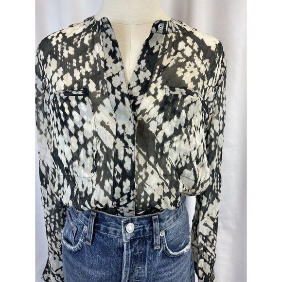 Vince Tops - VINCE Women's 100% Silk Black Cream Geometric Sheer Long Sleeve Blouse Shirt 8